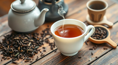 Cup of tea with teapot and cups on wooden tableの写真素材