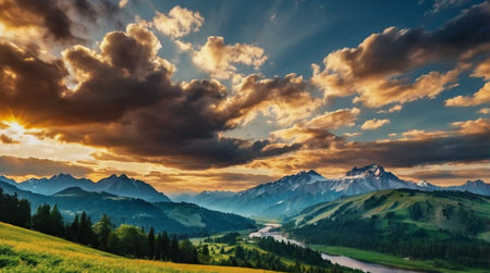 Mountain landscape with lake and clouds at sunset. Dramatic sky.の写真素材