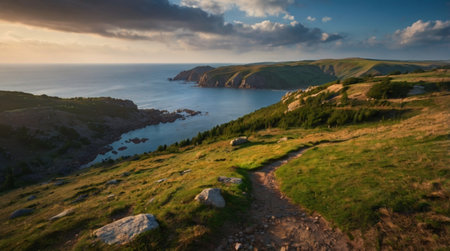 Panoramic view of the sea coast at sunset. Long exposureの写真素材
