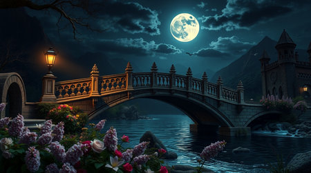 Beautiful night landscape with bridge and river at full moon. 3D renderingの写真素材