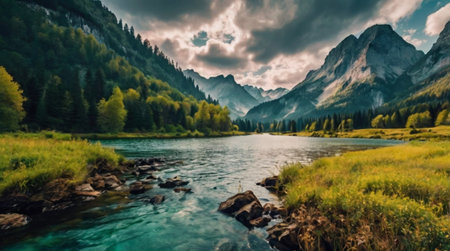 Panoramic view of a mountain lake in the Alpsの写真素材