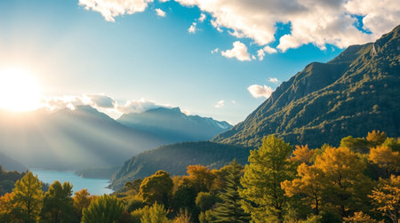 Beautiful autumn alpine landscape with lake and mountains at sunset.の写真素材