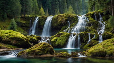 Beautiful waterfall with green moss in the forest. Waterfall in the mountainsの写真素材