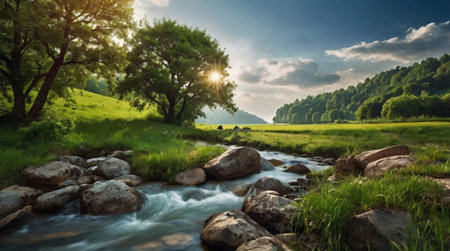 Beautiful summer landscape with mountain river in the morning. Panoramaの写真素材