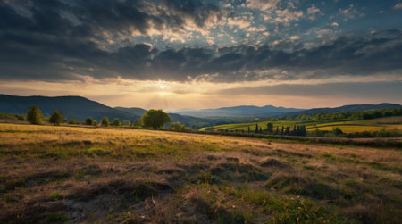 Panoramic view of sunset in Carpathian mountains, Ukraineの写真素材