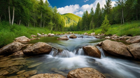 Beautiful mountain river in the summer forest. Panoramic viewの写真素材