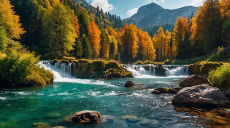 Fantastic autumn landscape with a waterfall on the background of the mountains.