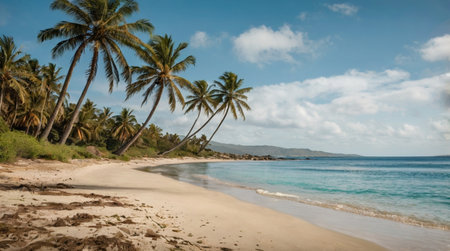 Panoramic view of a tropical beach with palm trees and sandの写真素材