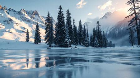 Beautiful winter landscape with snow covered mountains and lake at sunset.の写真素材
