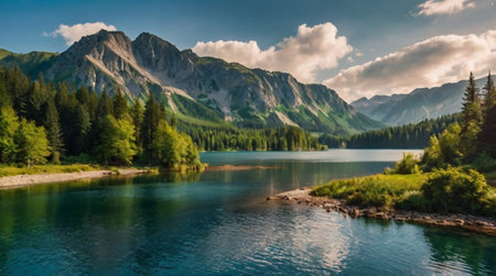 Panoramic view of alpine lake in summer. Beautiful mountain lake landscape.の写真素材