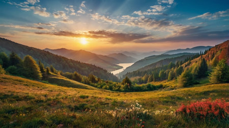 Colorful summer sunrise in the mountains. Carpathians, Ukraine, Europeの写真素材