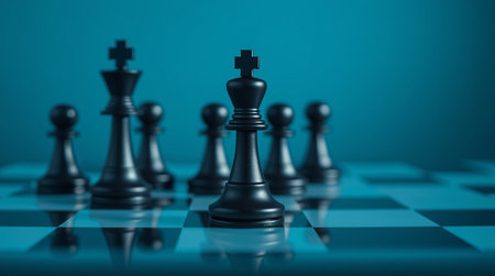 Chess concept with black king on blue background. 3d renderingの写真素材