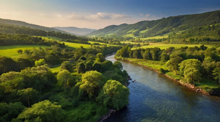 Aerial view of the river flowing through the green hills in summerの写真素材