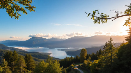 Panoramic view of the lake in the mountains in the morning