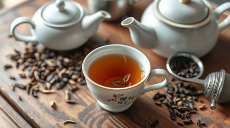 Cup of tea with teapot on wooden table, closeupの写真素材
