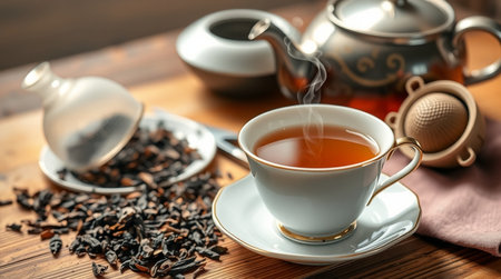 Cup of tea and teapot on wooden table, closeupの写真素材