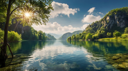 Beautiful landscape of the river and mountains on a sunny summer dayの写真素材