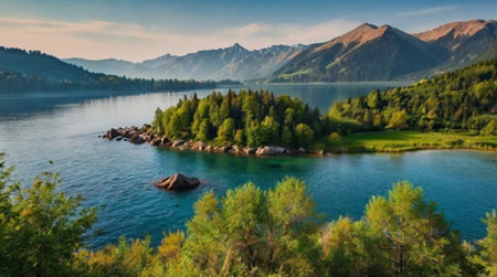 Panoramic view of beautiful lake Baikal in autumn.の写真素材