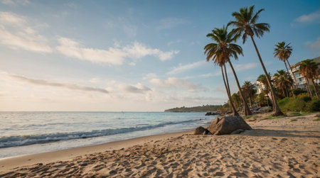 Tropical beach with palm trees at sunset, Dominican Republic.
