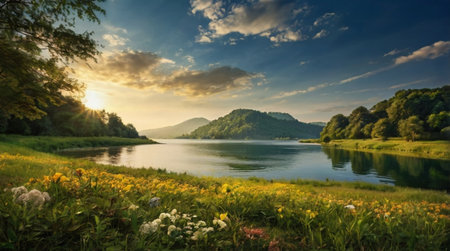 Panoramic view of the lake and mountains at sunset. Beautiful summer landscape.の写真素材