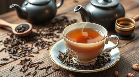 Cup of tea and teapot on wooden table, closeupの写真素材
