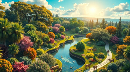 Aerial view of beautiful garden with pond and green trees. 3d renderの写真素材