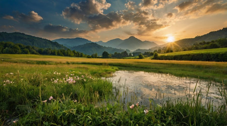 Sunset over a meadow with flowers and mountains in the backgroundの写真素材