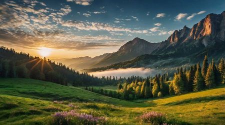 Sunset in Dolomites mountains, Italy. Panoramic viewの写真素材