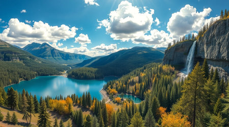 Panoramic view of beautiful turquoise lake in Canadian Rockies.の写真素材