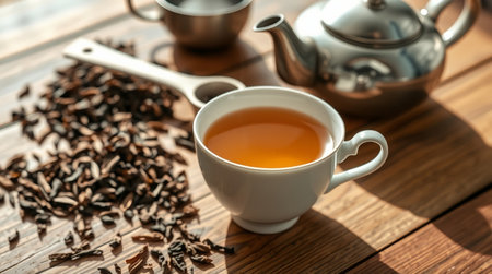 Cup of tea and teapot on wooden table, closeupの写真素材