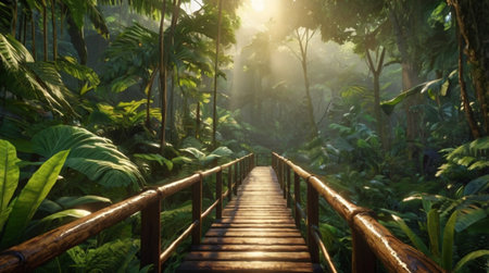 Wooden bridge in the jungle with sunlight and fog, nature backgroundの写真素材
