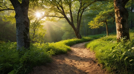 Path through the forest in the rays of the setting sun. Landscape.の写真素材