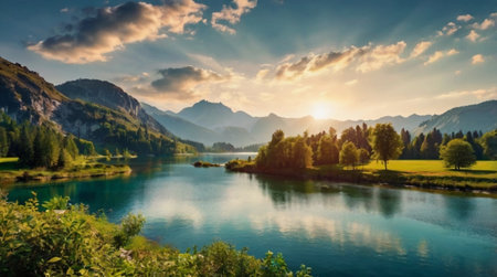Panoramic view of the mountain lake Obersee in Bavaria, Germanyの写真素材