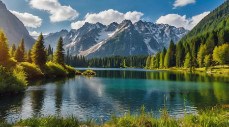 panoramic view of the alpine lake in Dolomites, Italyの写真素材