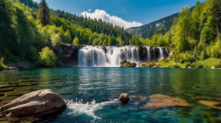 Panoramic view of the beautiful waterfall in the mountains. Summer landscape.の写真素材