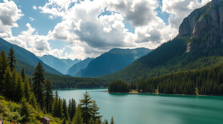A panoramic view of the turquoise lake in the mountains