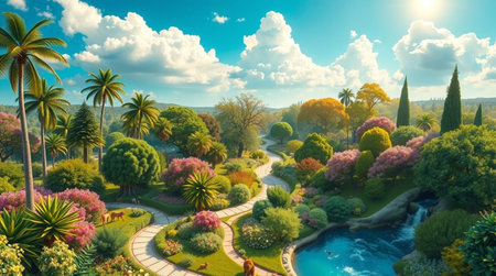 3d illustration of a beautiful park with fountains and flowersの写真素材