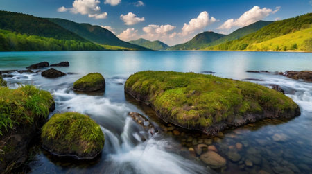 Beautiful summer landscape of mountain lake with green grass and stones.の写真素材
