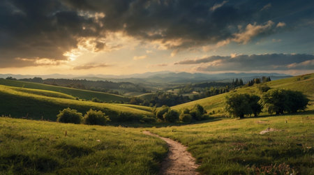 Sunset in the mountains. Beautiful landscape with a path and clouds.の写真素材