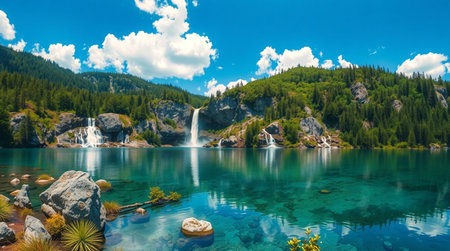 Panoramic view of the beautiful alpine lake with crystal clear turquoise water.の写真素材