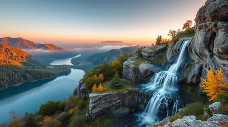 Autumn mountain landscape with a waterfall. Lake Baikal.の写真素材