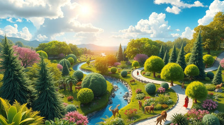 Beautiful landscape of the park with trees and flowers. 3d rendering