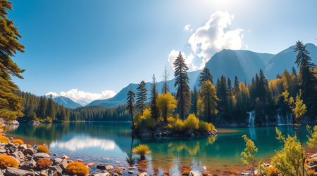 Panoramic view of turquoise lake in the Altai mountainsの写真素材