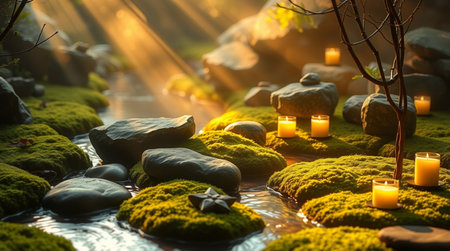 Beautiful lighted candles on green moss in a small stream.の写真素材