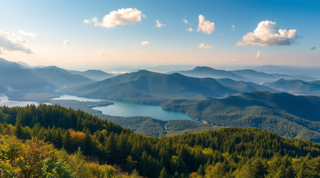 Mountain landscape with lake and forest. Panoramic view.の写真素材