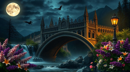 3d render of fantasy landscape with bridge, flowers and moonlightの写真素材