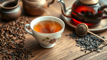 Cup of black tea and teapot on a wooden tableの写真素材