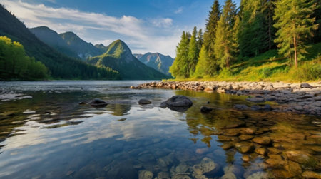 Panoramic view of the mountain river in the Altai Republicの写真素材