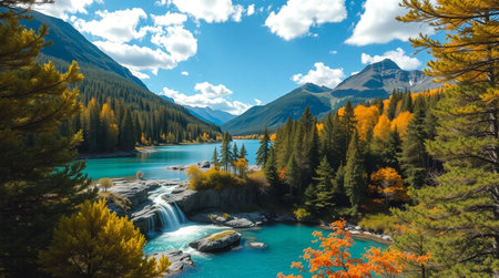 Beautiful autumn landscape with mountain river and forest in the mountains.の写真素材