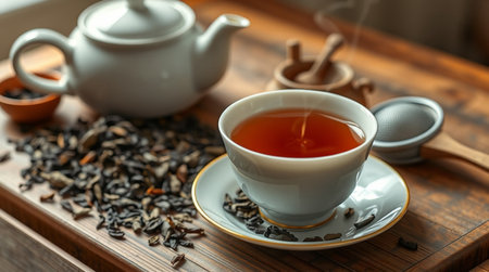 Cup of tea with teapot on tray, closeupの写真素材